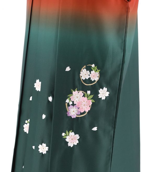卒業式袴単品レンタル[刺繍]濃いオレンジ×緑ぼかしに桜刺繍[身長148-152cm]No.570